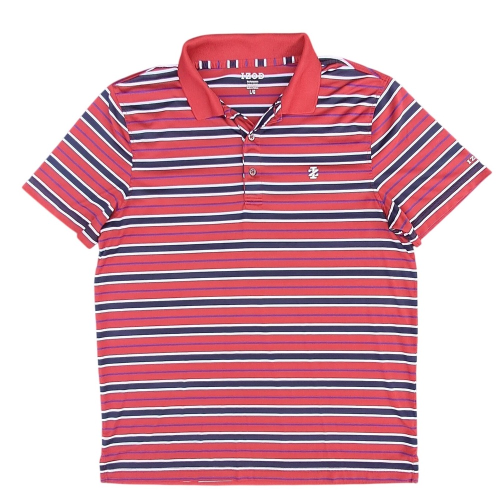 IZOD Performance‎ Mens Large Red White Blue Striped Short Sleeve Golf Polo Shirt